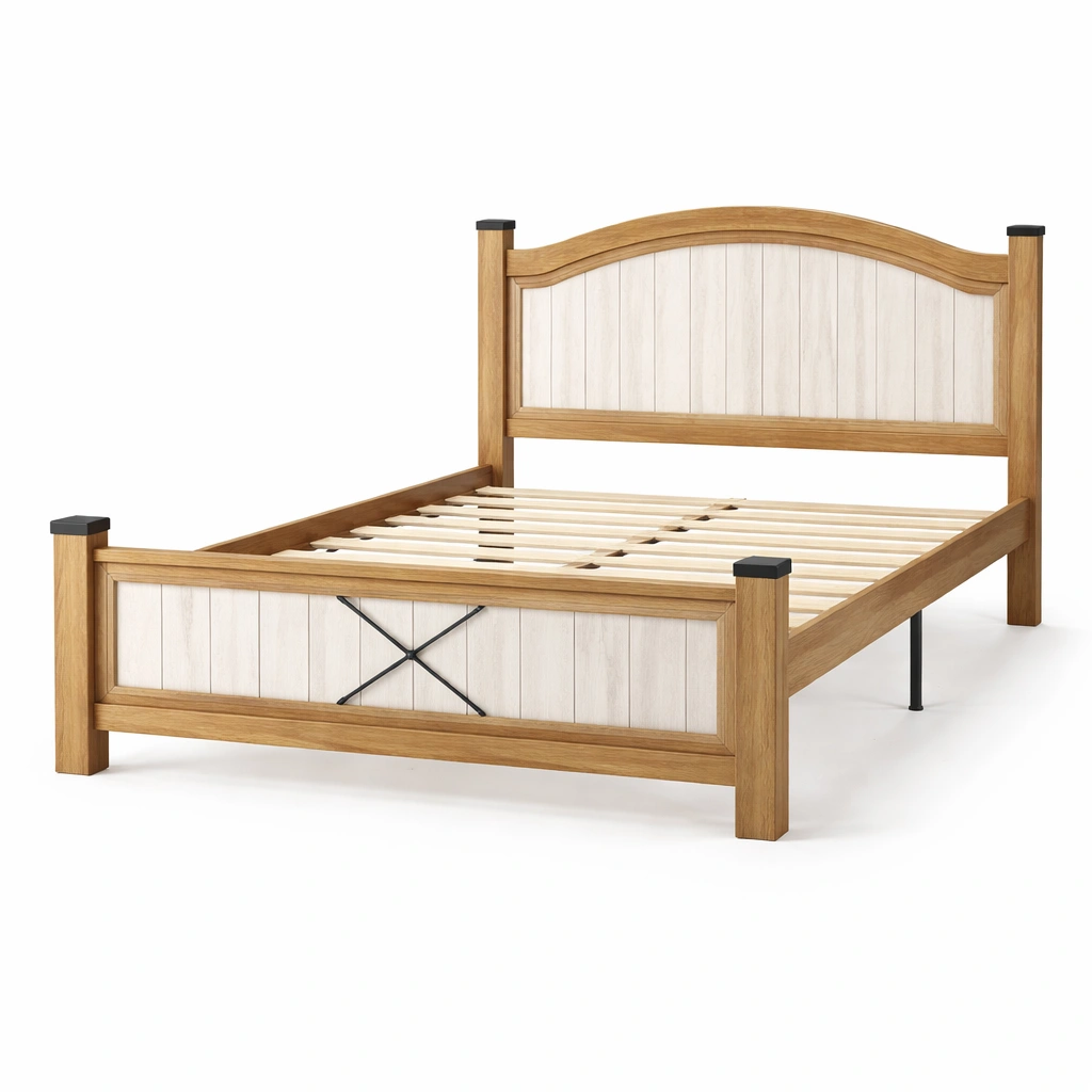 Cama de madera con panel decorativo y somier de lamas resistente-livaroe